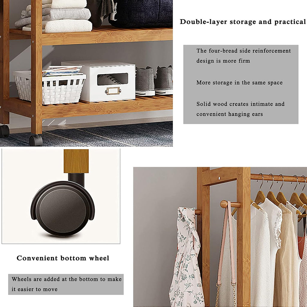 Garment Rack with 2 Tier Storage Shelves,Hanging Rack Bamboo Garment Rack,with Wheels,for Clothes, Shirts, Bags, Scarves, Pants, Shoes, Storage Boxes
