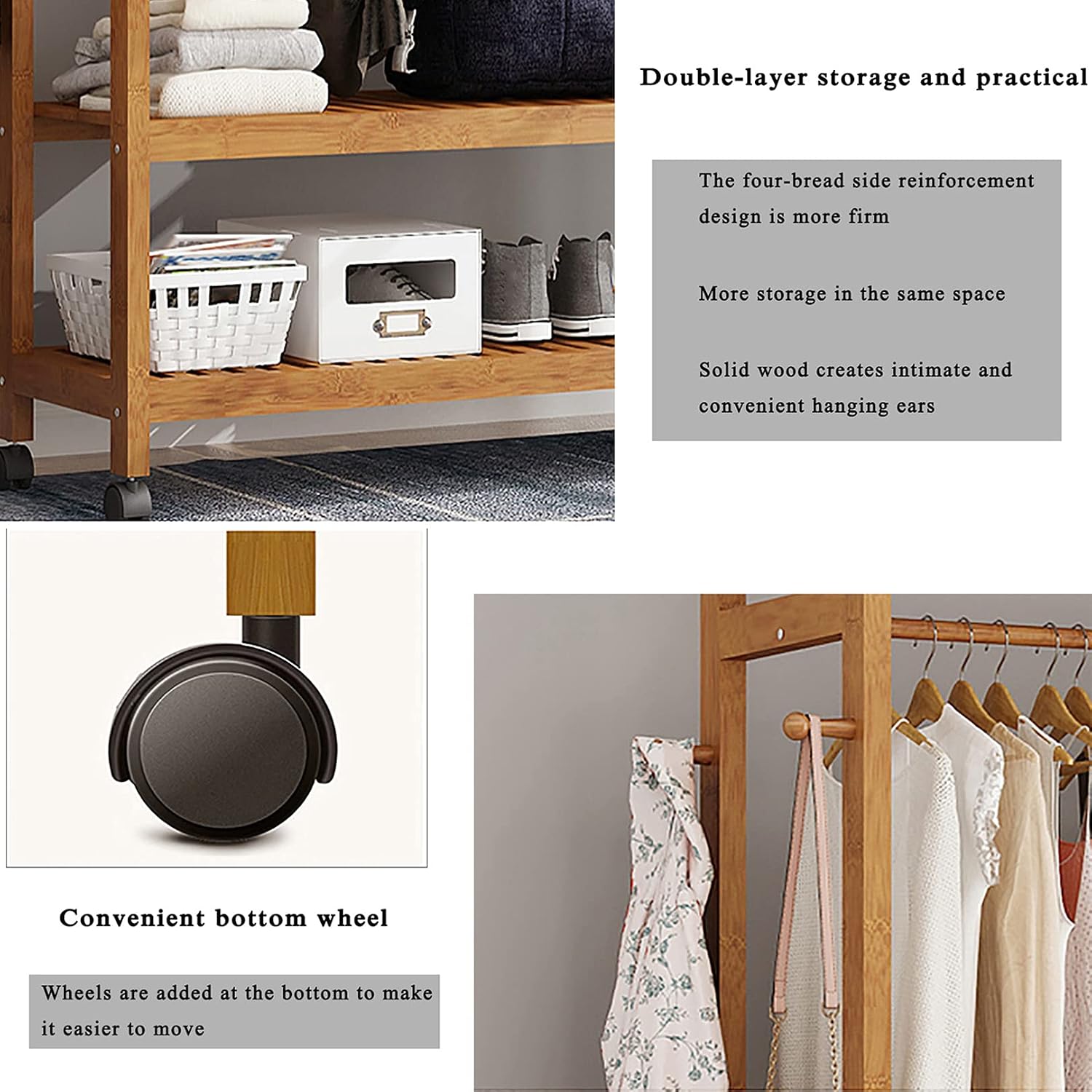 Garment Rack with 2 Tier Storage Shelves,Hanging Rack Bamboo Garment Rack,with Wheels,for Clothes, Shirts, Bags, Scarves, Pants, Shoes, Storage Boxes
