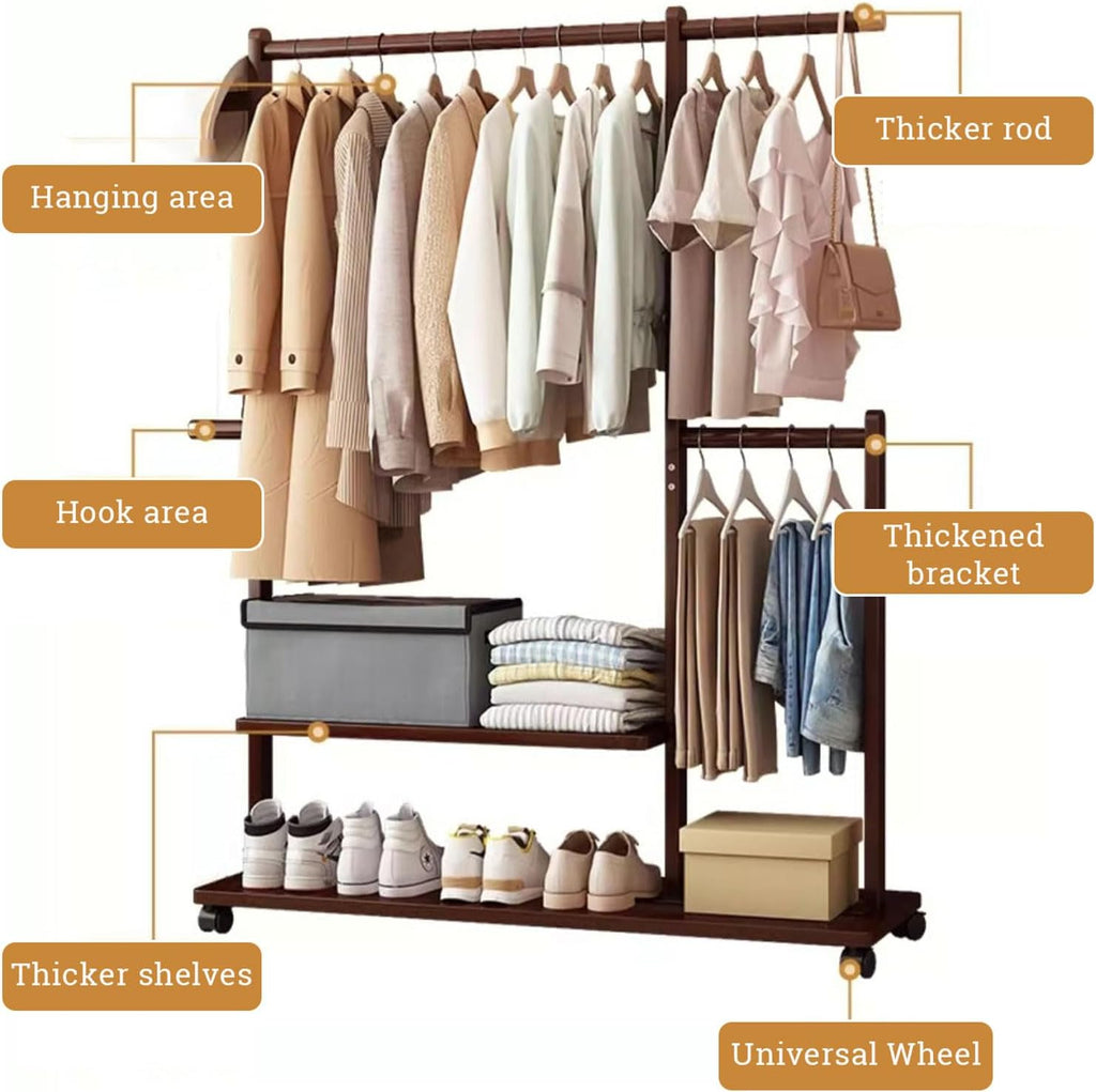 Bamboo Clothing Rack Coat Stand Free Standing Clothes Hanging Rail Garment Rack with Storage Shelves, Hanger Hooks and Pants Hanger, Open Wardrobe for Bedroom Living Room Hallway