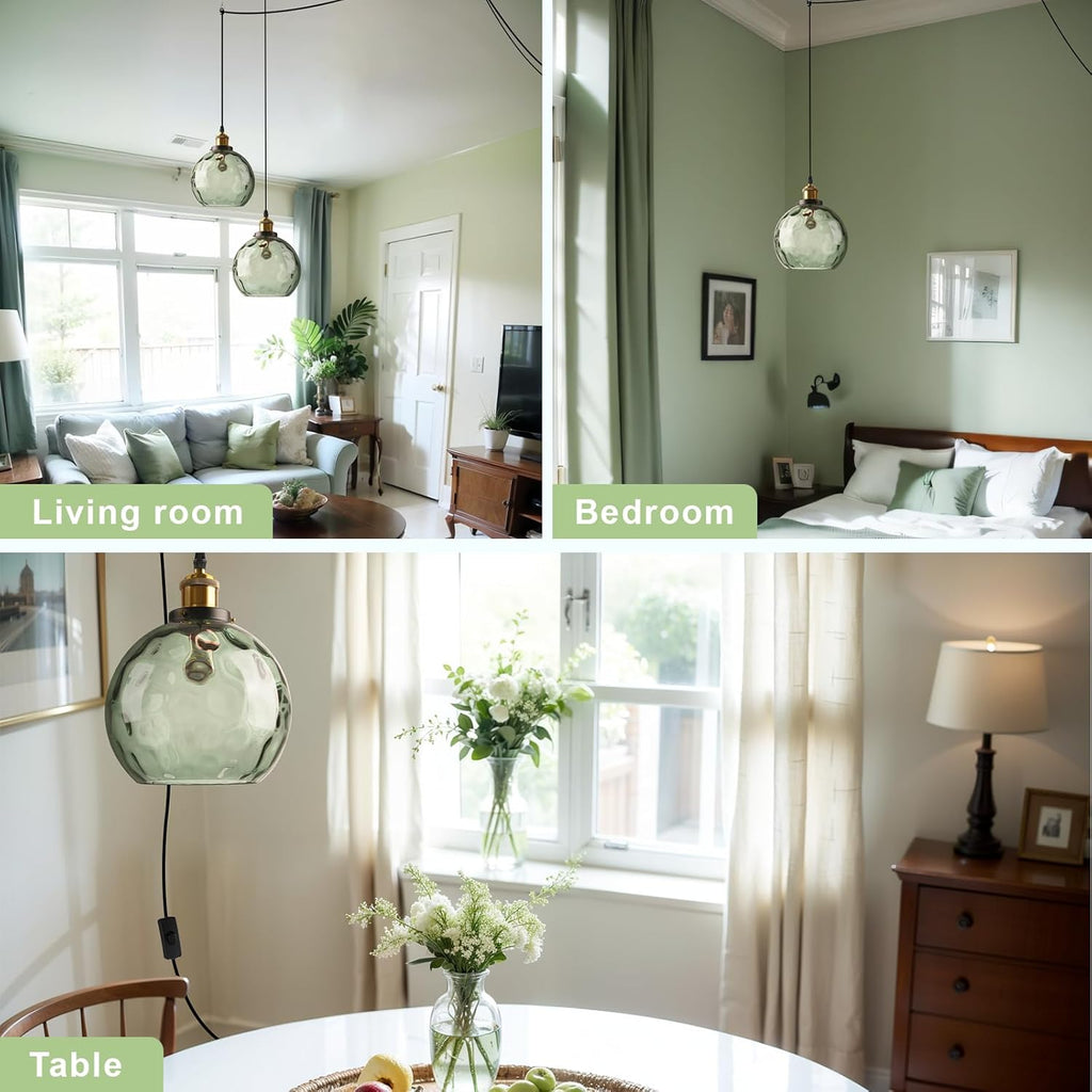Small Plug in Pendant Light for Ceiling, Green Glass Hanging Light Shade 7.8-inch Hand Blown Mid Century Modern Chandelier for Kitchen Island Dining Room Living Room Bedroom Corner