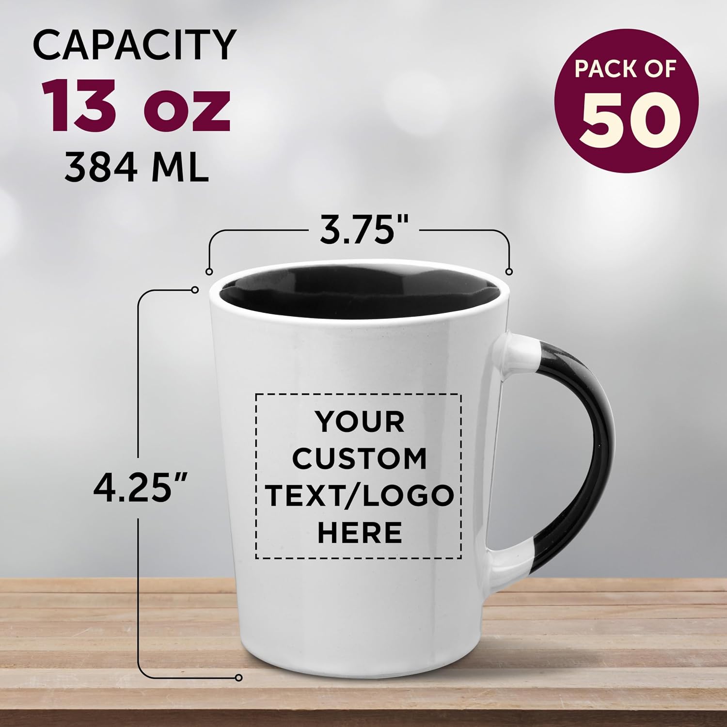 Custom Ceramic Latte Coffee Mugs by Albany 13 oz. Set of 50, Personalized Bulk Pack - Perfect for Coffee, Tea, Espresso, Hot Cocoa, Other Beverages - Black