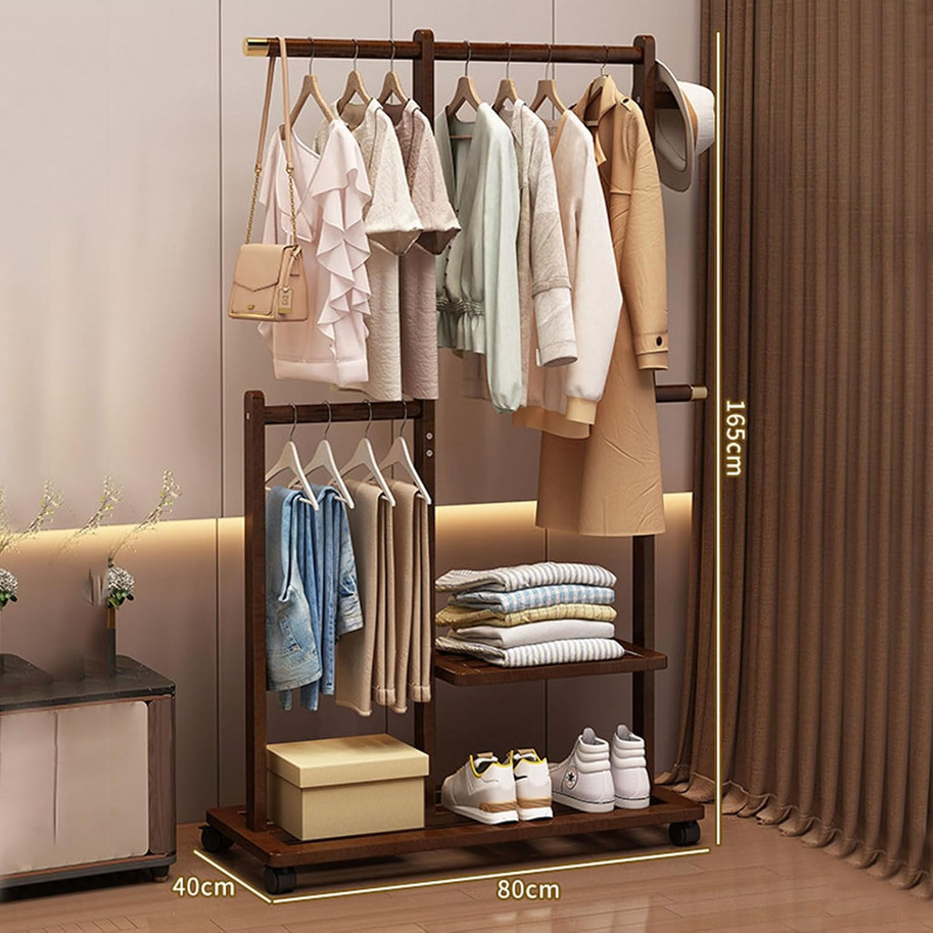 Bamboo Clothing Rack Coat Stand Free Standing Clothes Hanging Rail Garment Rack with Storage Shelves, Hanger Hooks and Pants Hanger, Open Wardrobe for Bedroom Living Room Hallway