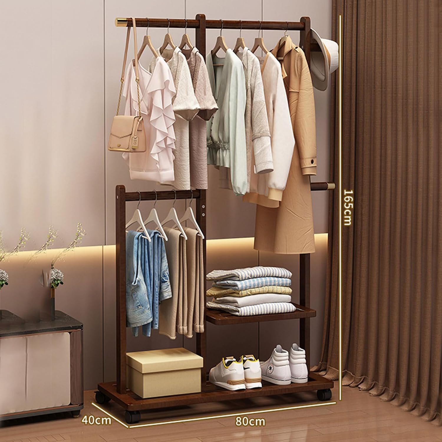 Bamboo Clothing Rack Coat Stand Free Standing Clothes Hanging Rail Garment Rack with Storage Shelves, Hanger Hooks and Pants Hanger, Open Wardrobe for Bedroom Living Room Hallway