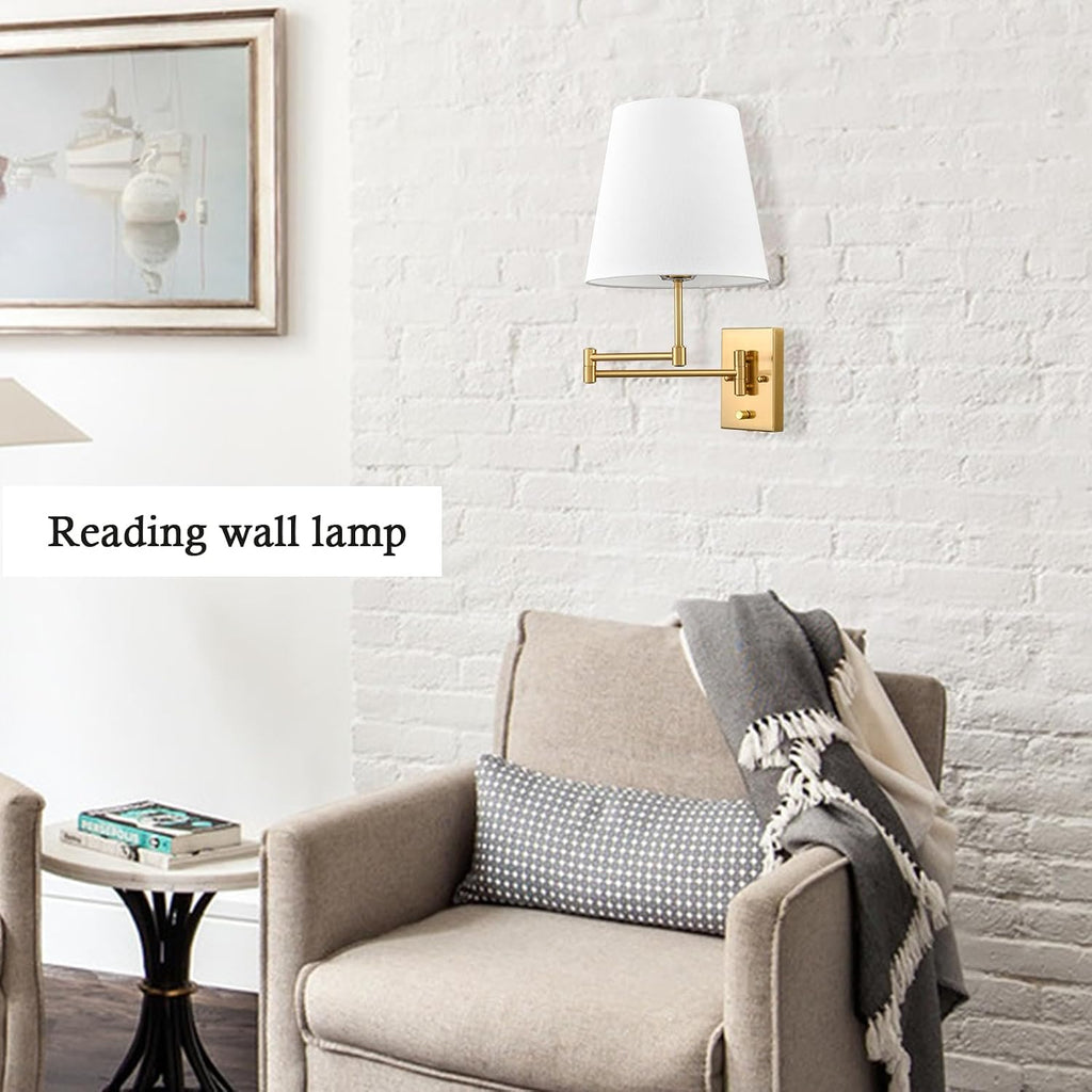 HYDELITE Gold Swing Arm Wall Lamp Brass Wall Sconces with Linen Shade | Plug-in or Hardwired Wall Light Fixtures Bedroom Bedside, House Reading, Living Room, Home Hallway, Dinning Set of 2