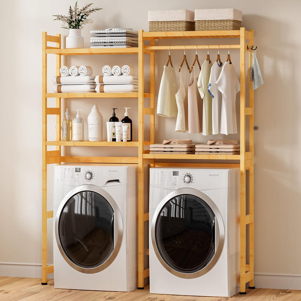 Cozivolife Over The Washer and Dryer Storage Shelf Bamboo,5 Tiers Laundry Room Drying Rack with Adjustable Shelves and 4 Hooks,Space Saver Organizer for Hanging Clothes and Towels (Natural)