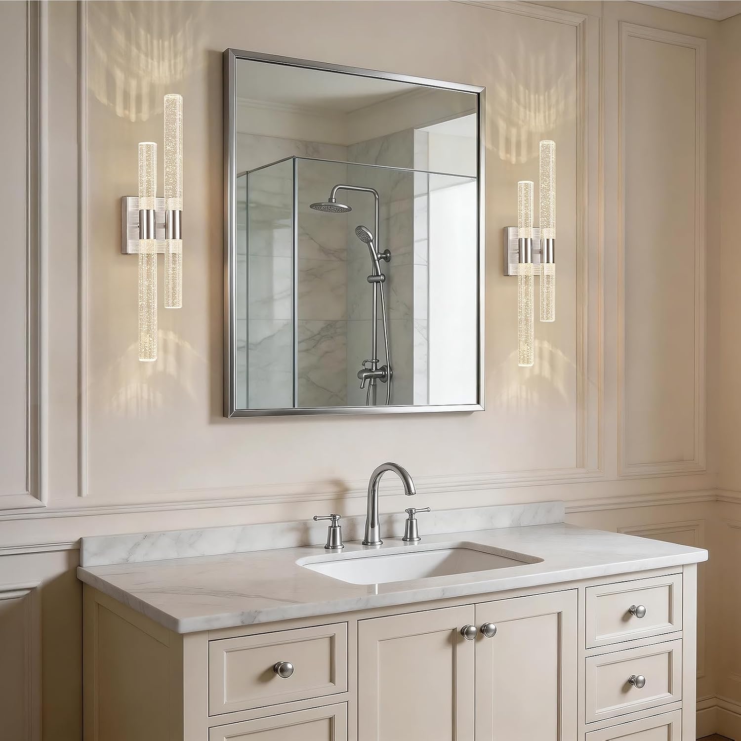 Crystal Wall Sconces Set of Two LED Wall Sconce Hardwired Brushed Nickel Bathroom Vanity Light Fixtures 21.25in 4000K Vertical and Horizontal Wall Mounted Sconces for Bedroom Living Room