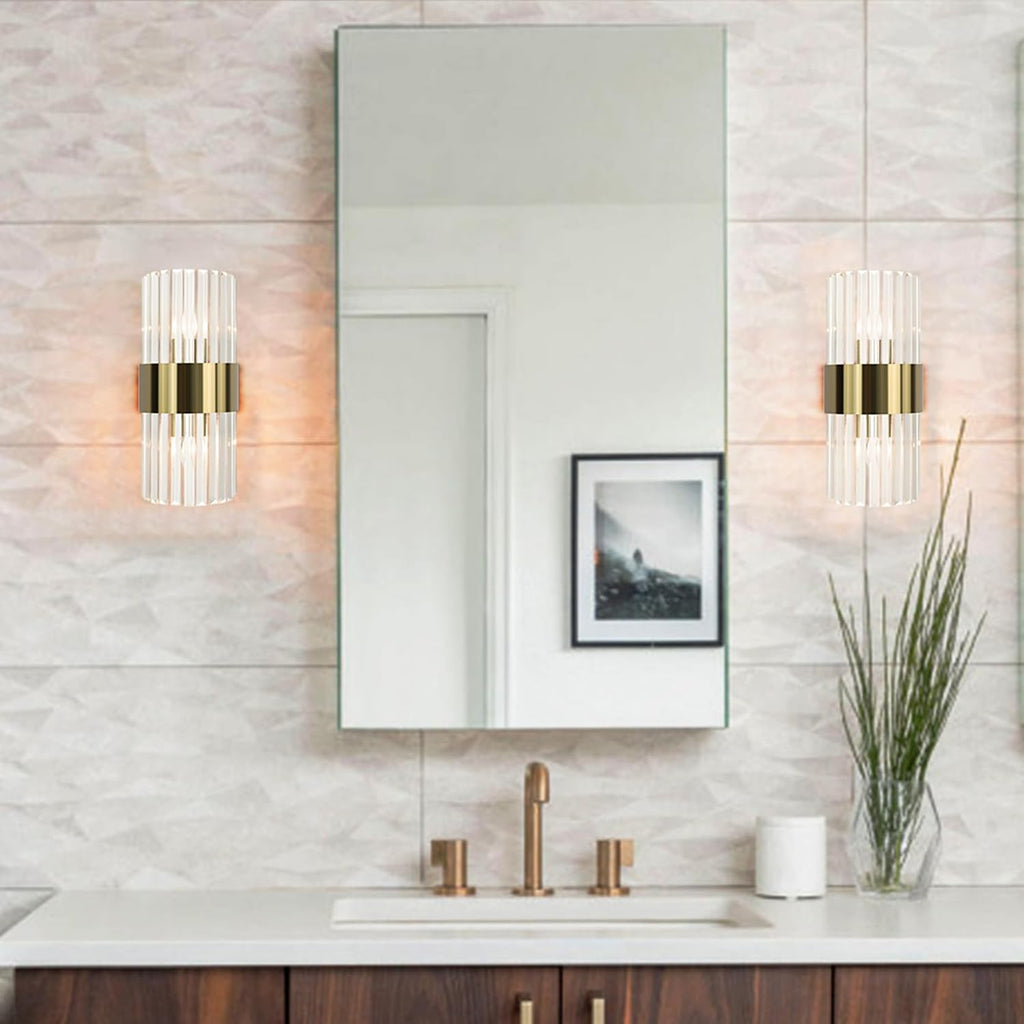 Gold Wall Sconces Set of Two Mid Century Modern Crystal Sconce Lighting 2-Light Brass Glass Wall Light Fixtures for Bathroom Bedroom Hallway Living Room