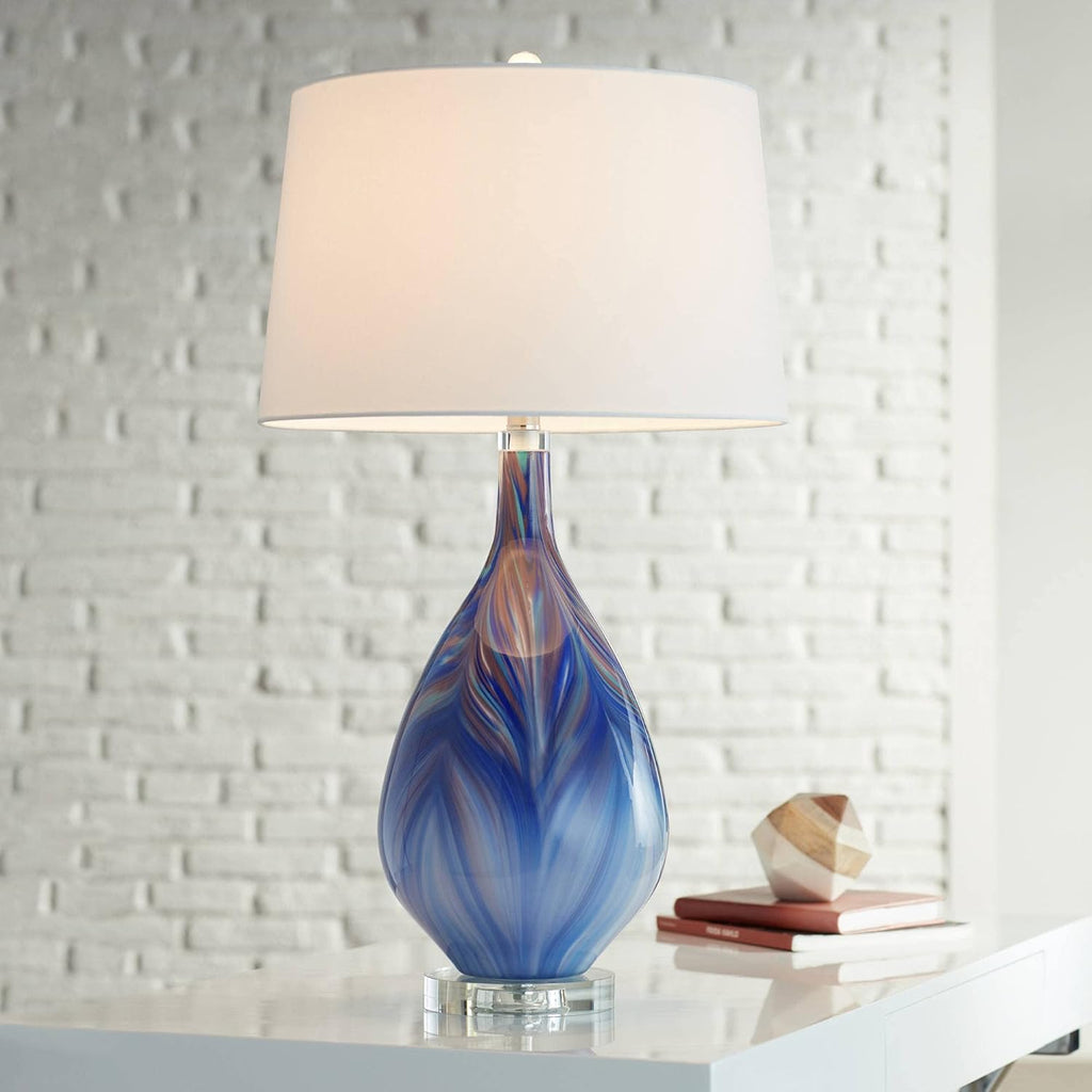 Possini Euro Design Taylor 29' Tall Teardrop Modern Coastal End Table Lamps Set of 2 Blue Art Glass Living Room Bedroom Bedside Nightstand House Office Home Reading White Shade (Colors May Vary)