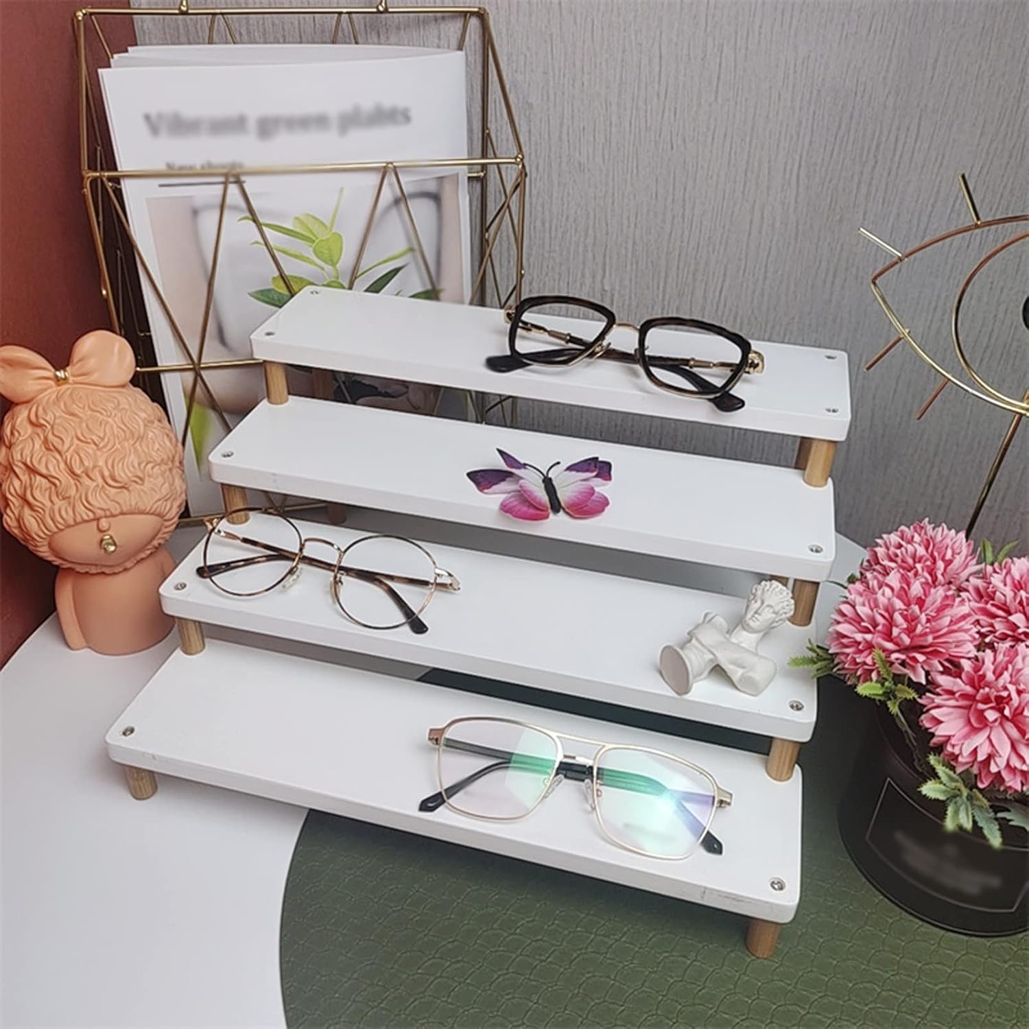 Eyeglass Displays Wood Lacquer Stepped Sunglasses Display Rack Sunglasses Eyewear Holder Display Sunglasses Organizer Stands Sunglasses Rack Display Risers(B,3-Tier)