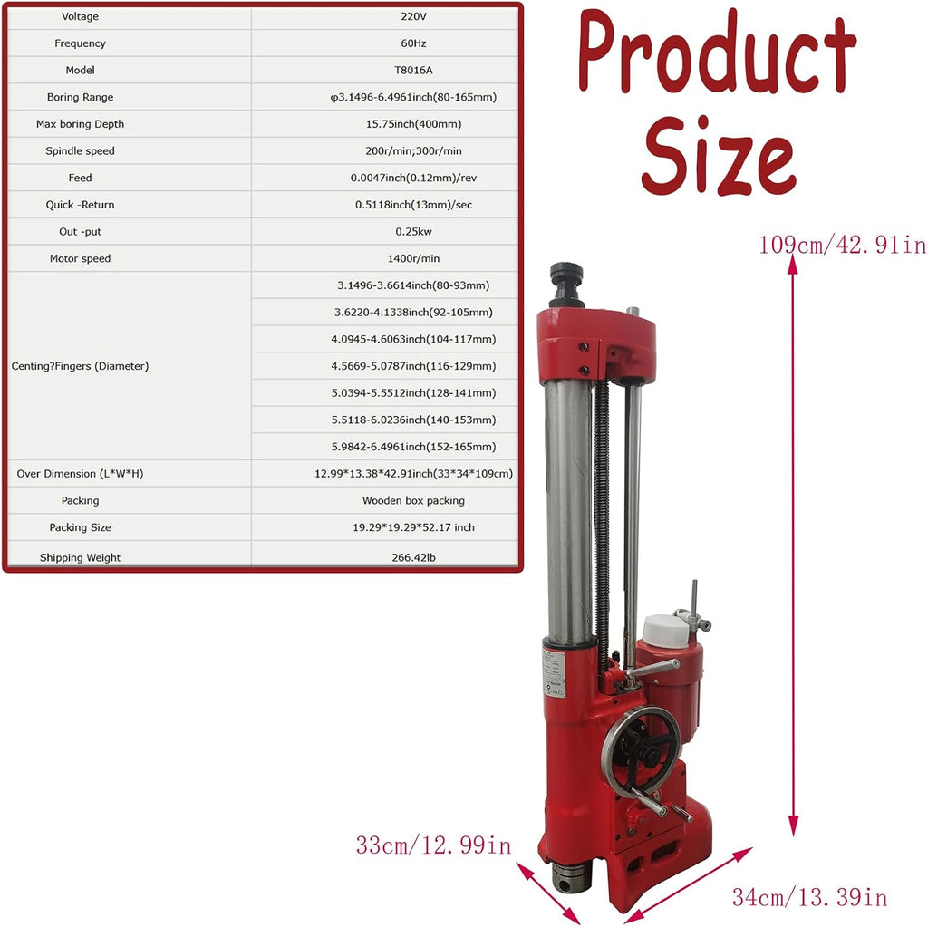 T8016A 220V Single-Phase Cylinder Boring and Honing Machine, 0.25kW 1400RPM Motor, 3.0-6.5in Boring Range 400mm Depth for Auto and Tractor Engine Rebuilding