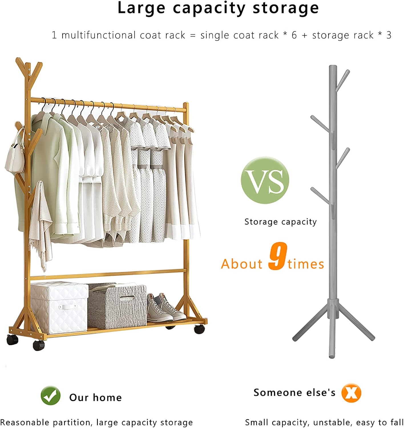 Clothes Rack,Bamboo Garment Coat Clothes Hanging,Freestanding Hanger 6 Side Hooks,with Wheels,for Home Bedroom Entryway