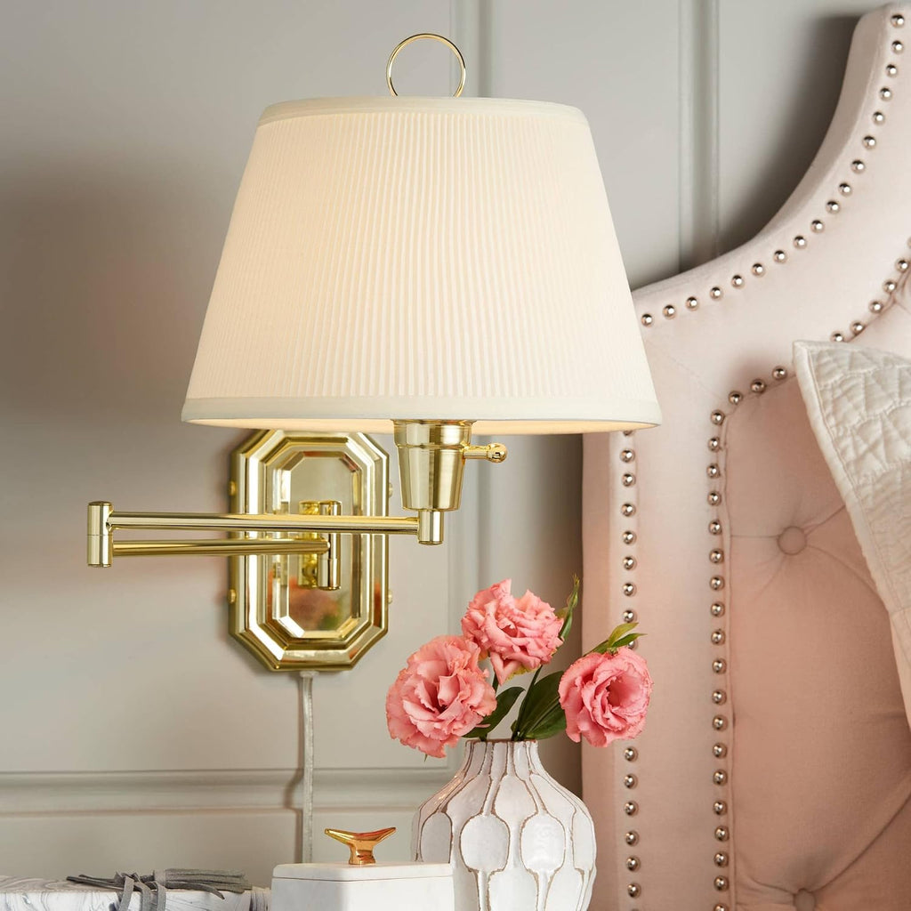Barnes and Ivy Fredericks Modern Wall Lamps Set of 2 Brass Gold Metal Plug-in 12' Swing Arm Ivory Mushroom Pleated Shade for Bedroom Living Room Home Hallway Dining Kitchen Reading