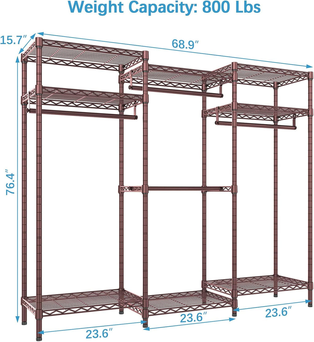 VIPEK V5i Garment Rack Heavy Duty Clothes Rack, Portable Closet Wardrobe Bedroom Armoires Freestanding Clothing Rack with 8 Adjustable Shelves & 4 Hang Rods, 68.9' L x 15.7' W x 76.4' H, Bronze
