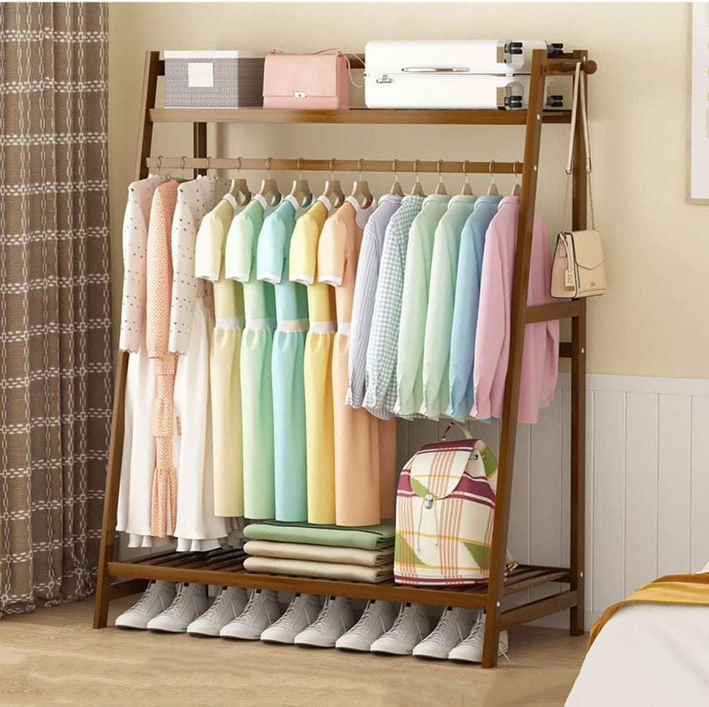 Bamboo Clothes Hanging Rack with 2 Tier Storage Shelves and 2 Coat Hooks Portable Organizer Garment Rack for Bedroom Guest Room/Brown/100 * 42 * 140Cm (Primary Color 50*42*140Cm)