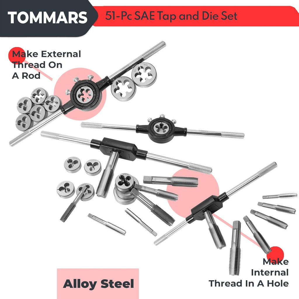 TOMMARS 51-Pc M6 to M24 Jumbo Tap and Die Set Metric Round Threading Dies & 51-Pc 1/4-20 to 1-14 Jumbo Tap and Die Set SAE Round Threading Dies