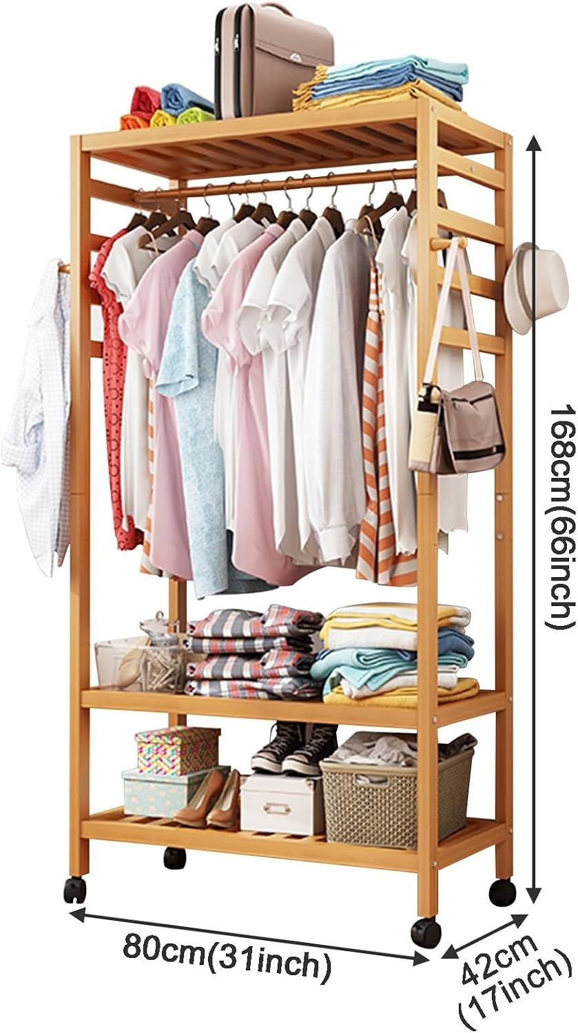 Versatile Mobile Garment Rack - Bamboo Freestanding Clothes Organizer for Hanging, Wardrobe Storage Closet with Wheel Perfect,with 4 Hooks/1 Top Rod & 3 Shelves,80 * 42 * 1668CM
