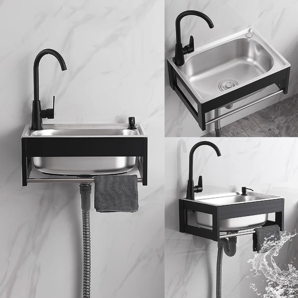 Wall Mounted Kitchen Sink with Towel Rack, Stainless Steel Utility Sink Washing with Hot and Cold Water Tap and Pipe, Single Bowl Restaurant Sink for Lau,38 * 33 * 21cm