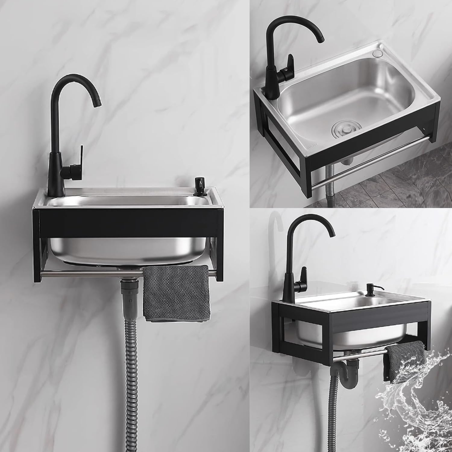 Wall Mounted Kitchen Sink with Towel Rack, Stainless Steel Utility Sink Washing with Hot and Cold Water Tap and Pipe, Single Bowl Restaurant Sink for Lau,38 * 33 * 21cm