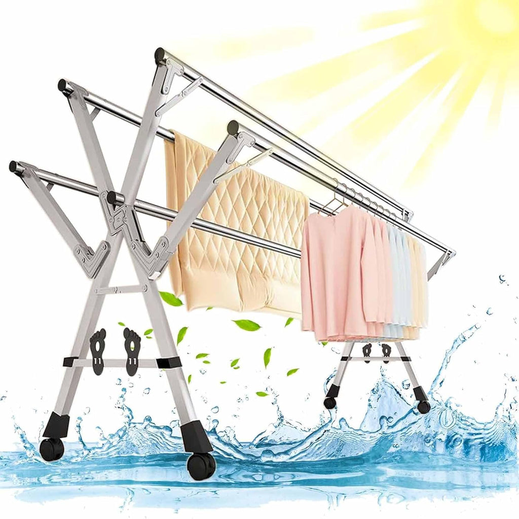 5Poles Folding Clothes Drying Rack,Stainless Steel Laundry Rack with Wheels, Blanket Rack,Clothe Sline, Extendable,with Windproof Hooks,for Indoor Outdoor