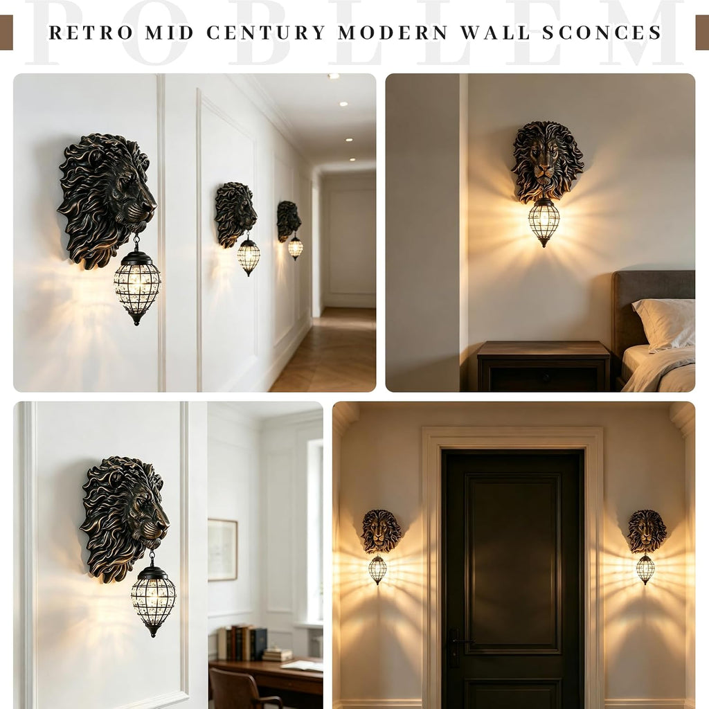 Retro Mid Century Modern Wall Sconces with Clear Crystal Shade Lion Head Decor 17.7' Large Black Wall Lights Fixtures for Living Room Bedroom Bedside Stairs Bathroom