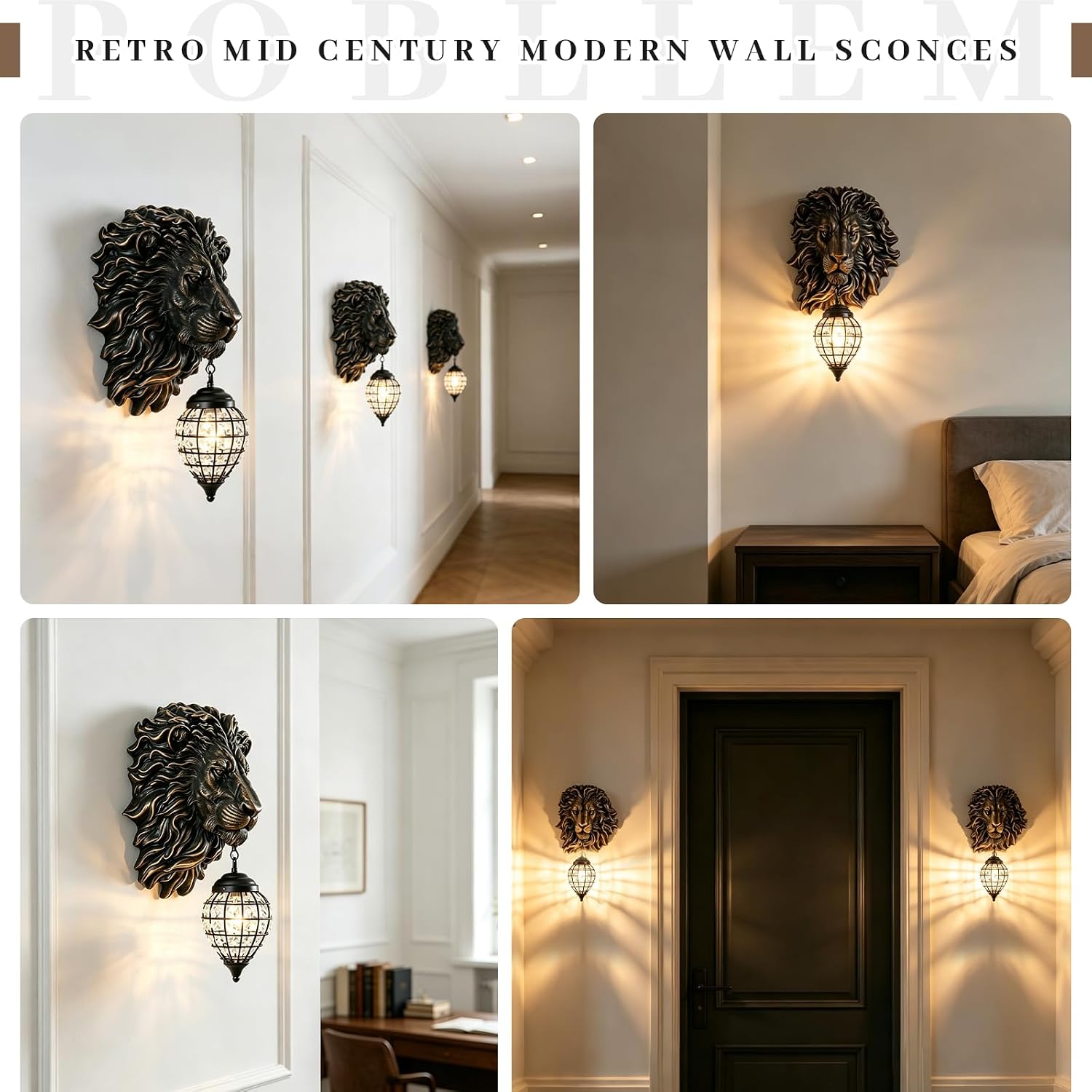 Retro Mid Century Modern Wall Sconces with Clear Crystal Shade Lion Head Decor 17.7' Large Black Wall Lights Fixtures for Living Room Bedroom Bedside Stairs Bathroom