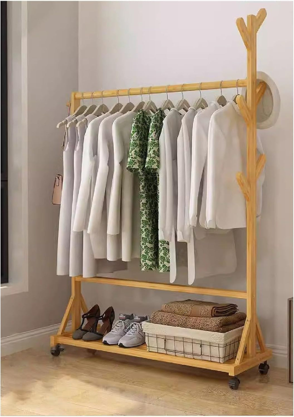 Clothes Rail Garment Rack Bamboo Coat Rack, Freestanding Home Drying Rack Floor Hanging Clothes Rack Hat Handbag Hanger Hall Hanging Rods Bottom With Storage Rack, Shoe Rack(Brown,100X38X158CM-B)