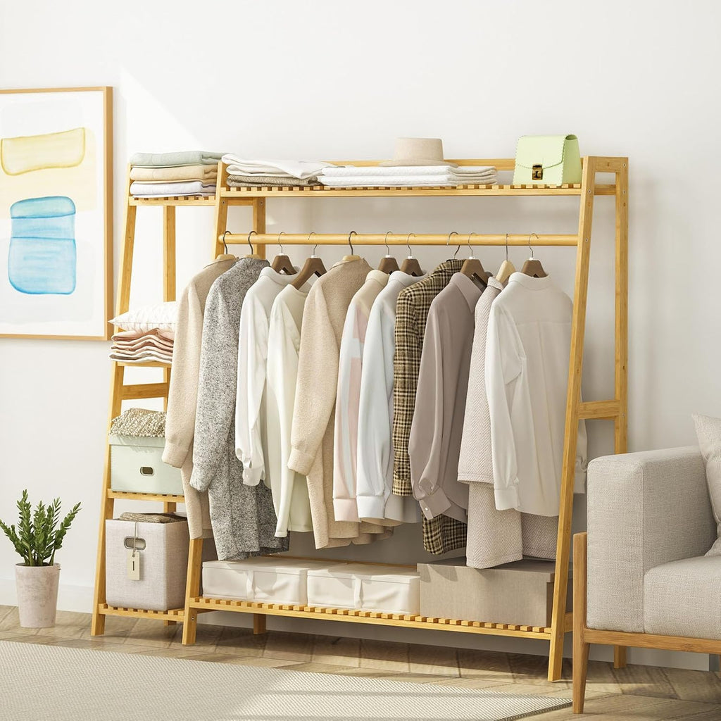 Bamboo Clothing Garment Rack, 4 Tier Storage Shelf Coat Clothes Hanging Rack Portable Wardrobe Closet Organizer with Top Shelf Shoe Storage Shelves for Hallway Entryway Coat Hanger Stand