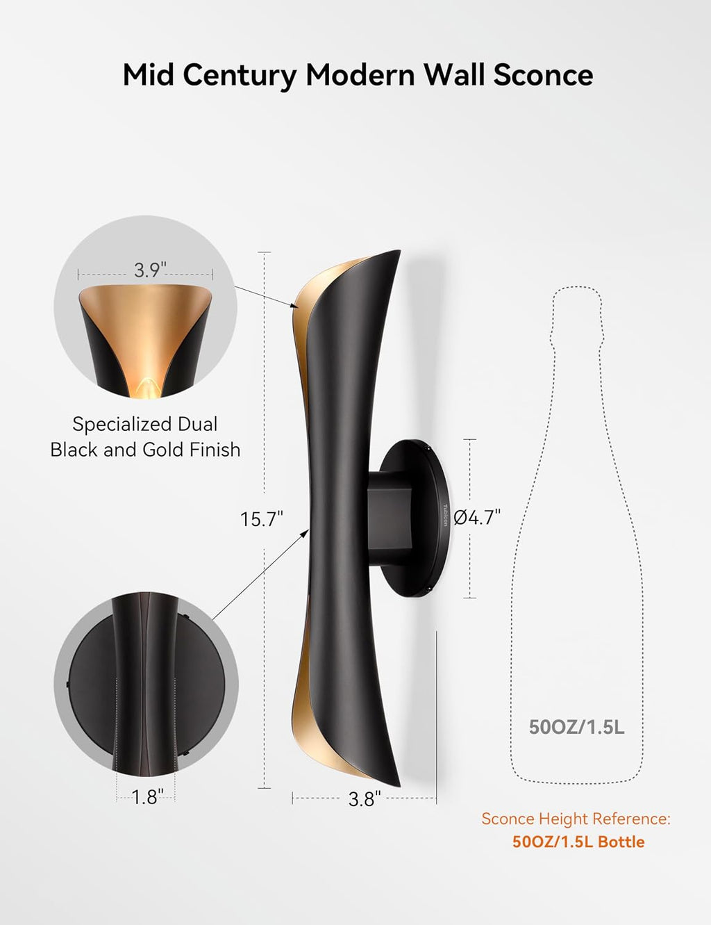 Tubicen Wall Sconces Set of Two Dimmable Mid-Century Modern Black and Gold Sconce Up Down Wall Lights Hardwired Indoor Art Deco Wall Sconces for Living Room Bedroom Movie Theater Hallway 15.7' H