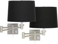 Possini Euro Design Modern Swing Arm Wall Mounted Lamps Set of 2 Brushed Nickel Plug-in Light Fixture Dimmable Black Drum Shade for Bedroom Bedside House Reading Living Room Home Hallway Dining