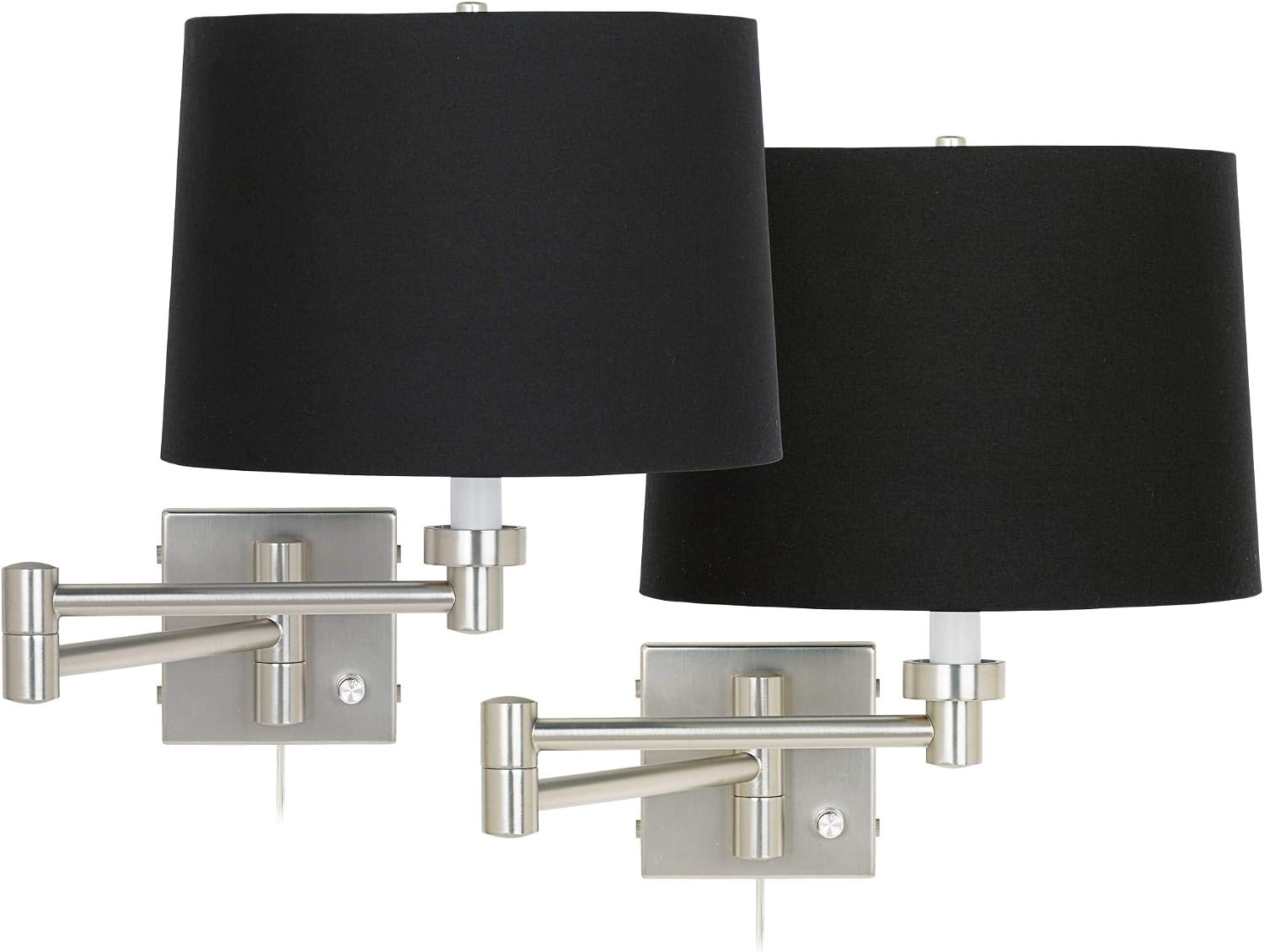 Possini Euro Design Modern Swing Arm Wall Mounted Lamps Set of 2 Brushed Nickel Plug-in Light Fixture Dimmable Black Drum Shade for Bedroom Bedside House Reading Living Room Home Hallway Dining