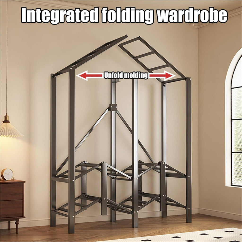 Portable Closet Rack Heavy-Duty Foldable Garment Racks With Cover, Freestanding Hanging Clothes Storage Wardrobe For Bedroom, Wardrobe Closet Coat Storage Garment Racks System(130 * 50 * 170CM)