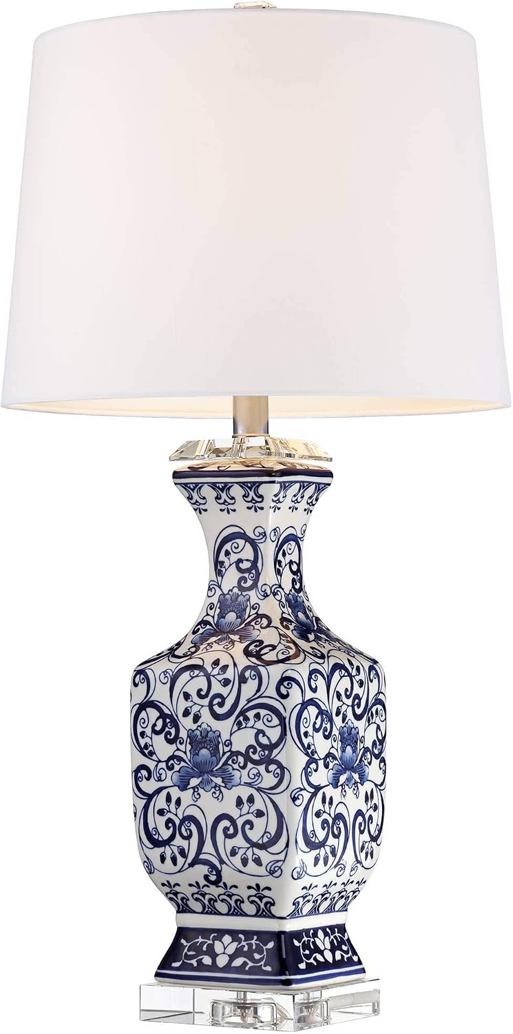 Barnes and Ivy Iris Asian Chinese Jar Style Table Lamps 28' Tall Set of 2 Blue Porcelain Crystal Geneva White Fabric Drum Shade Decor for Living Room Bedroom House Bedside Nightstand Home