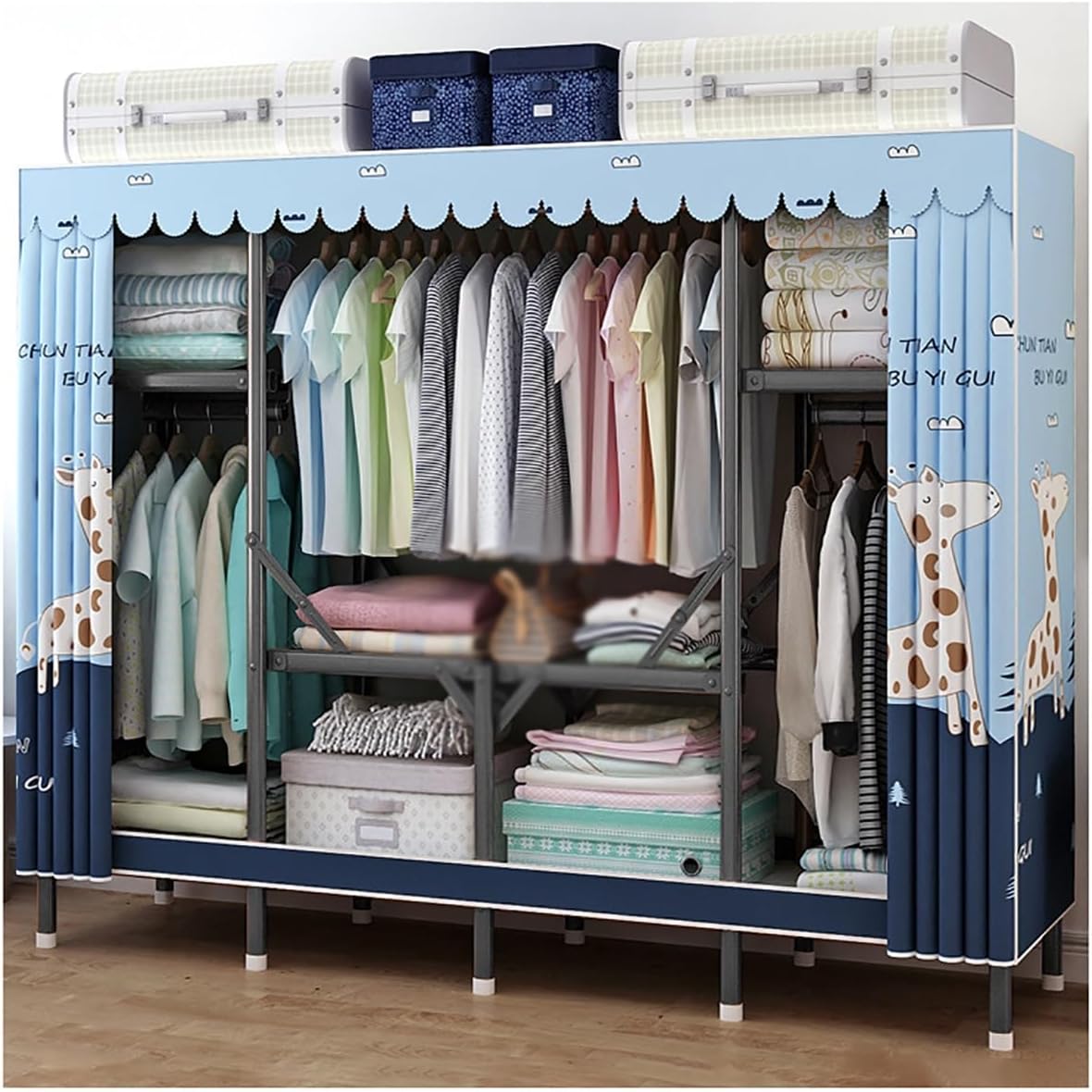 Portable Wardrobe Closet with Cover Metal Garment Rack for Hanging Clothes with 3 Hanging Rods and 4 Storage Shelves for Bedroom (Color : D, Size : 190X45X165CM)
