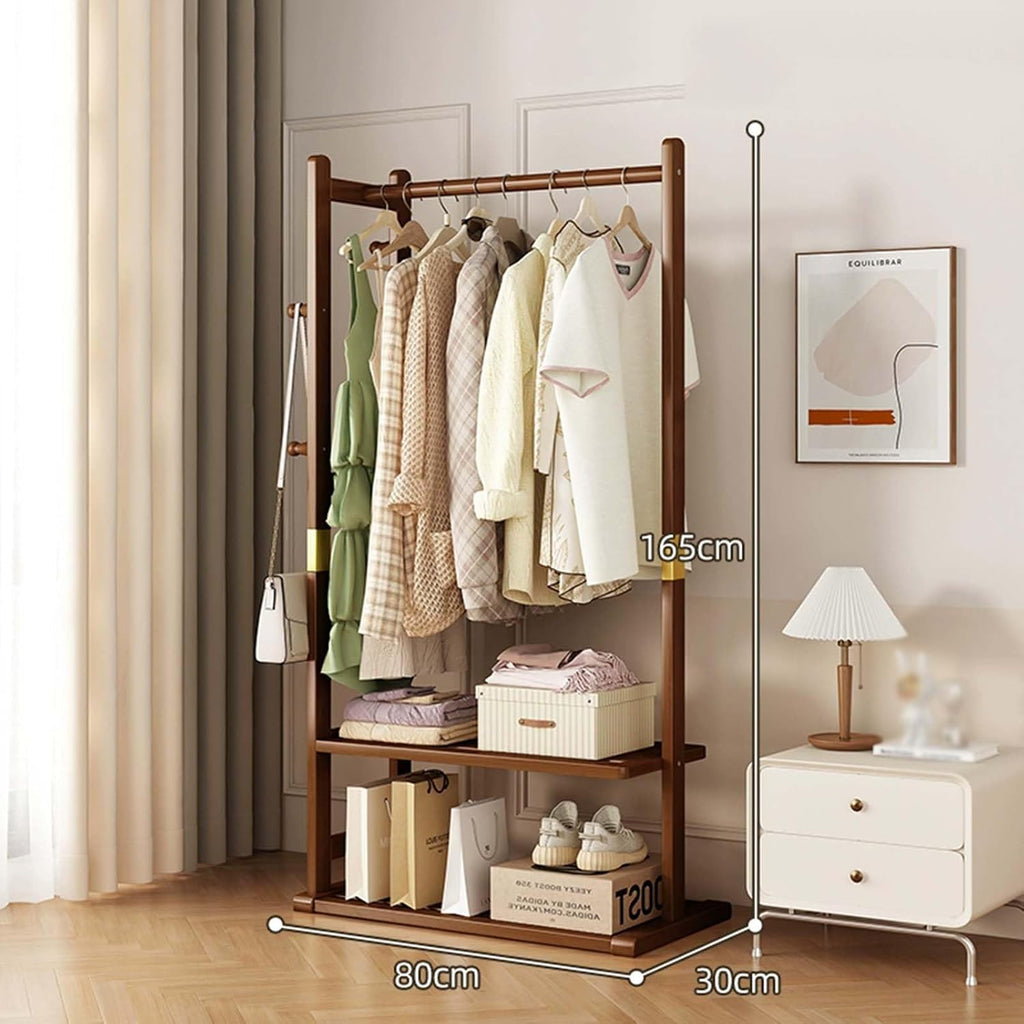 Solid Wood Clothes Rack with 2 Shelves & 4 Hooks for Hanging Clothes Wallets Hats, Garment Rack Heavy Duty Freestanding Coat Rack with Storage for Hallway Bedroom Living Room
