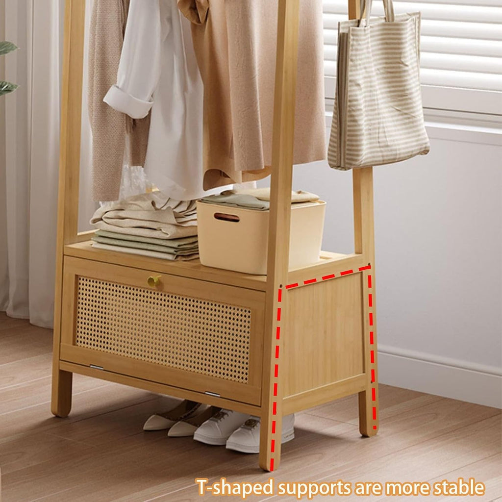 Clothes Rack, Garment Rack, Bamboo Clothing Rack, Clothing Rack with Storage, Open Wardrobe, Wooden Clothing Racks for Hanging Clothes, Suitable for Entrances, Bedrooms(Brown,52cm/20.4in)