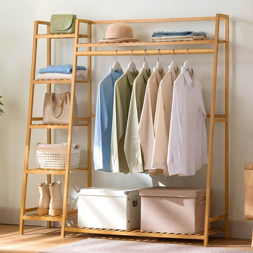 Bamboo Garment Rack with Shelves, Free Standing Clothes Organizer, Multi-Tier Storage with Hanging Rod and Shoe Rack, 43.3x15.7x55.1 Inches