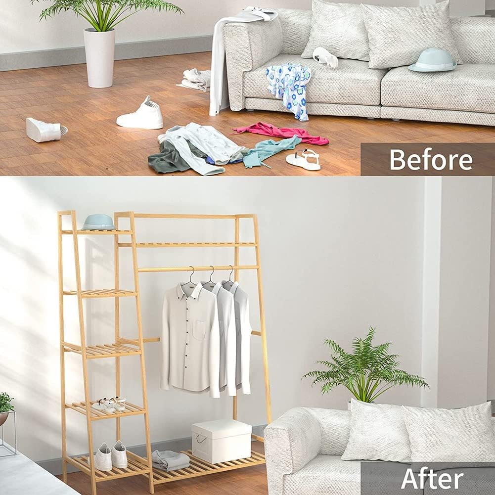 Free-Standing Closet Organizer Heavy Duty Clothes Storage Garment Rack Bamboo Clothing Rack with Shelves and Hanging Rod for Bedroom Capacity 300lb (Color : Wood, Size : 11040140cm)