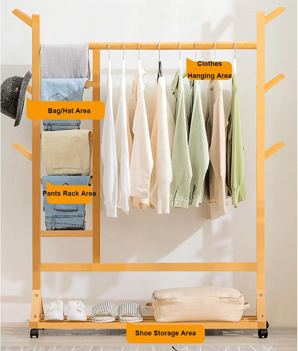 Bamboo Clothing Garment Rack on Wheels Rolling Clothes Organizer w/6 Hooks Multifunctional Bedroom Hanging Rack for Hanging Clothes Hats Pants