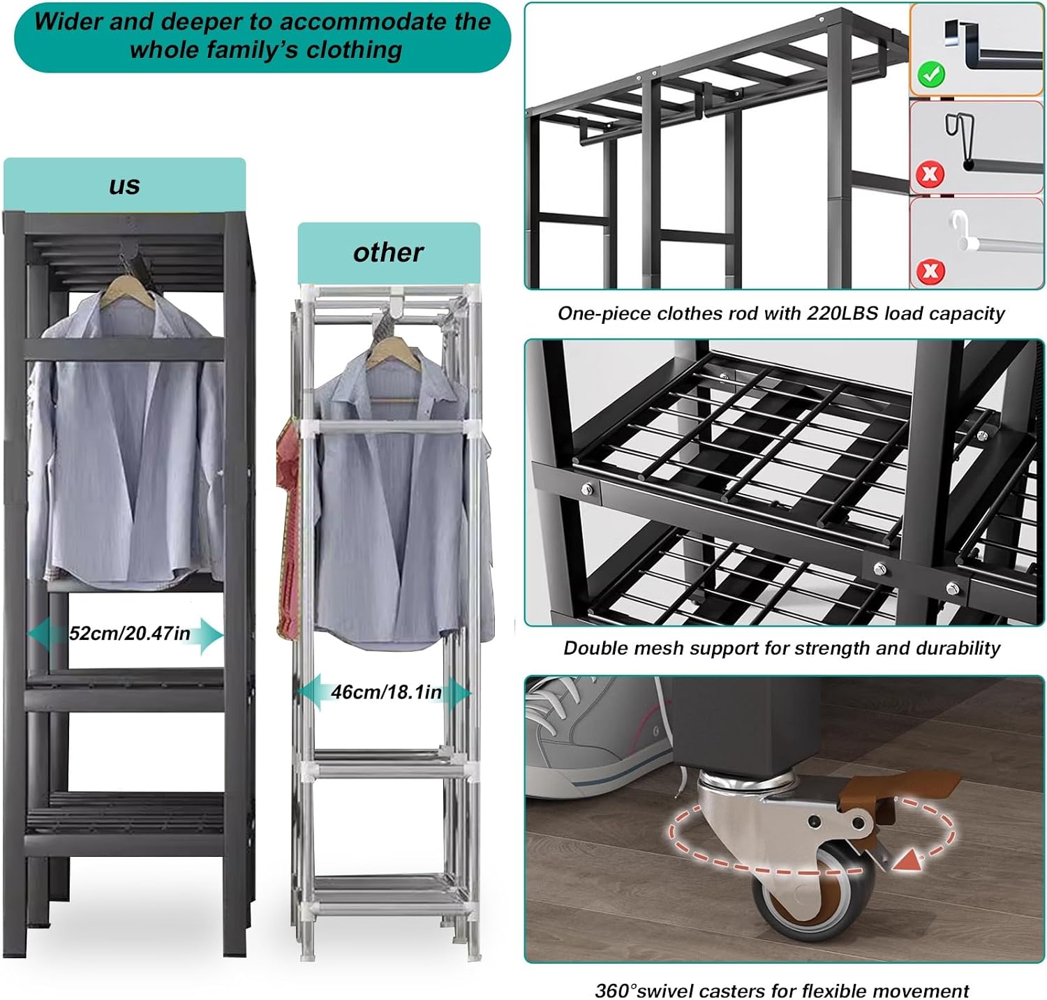 Heavy-Duty Portable Wardrobe Foldable Clothes Rack with Wheel and Cover - 2000lbs Load Capacity - Freestanding Rolling Garment Rack for Hanging Clothes - Bedroom Armoires Clothing Coat Storage Rack