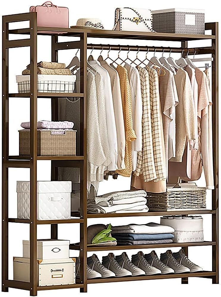 Bamboo Clothes Rack with Coat Stand Hanging Rail Storage Shelves and Compartments Portable Freestanding Garment Hanger for Bedroom and Entryway