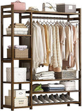 Bamboo Clothes Rack with Coat Stand Hanging Rail Storage Shelves and Compartments Portable Freestanding Garment Hanger for Bedroom and Entryway