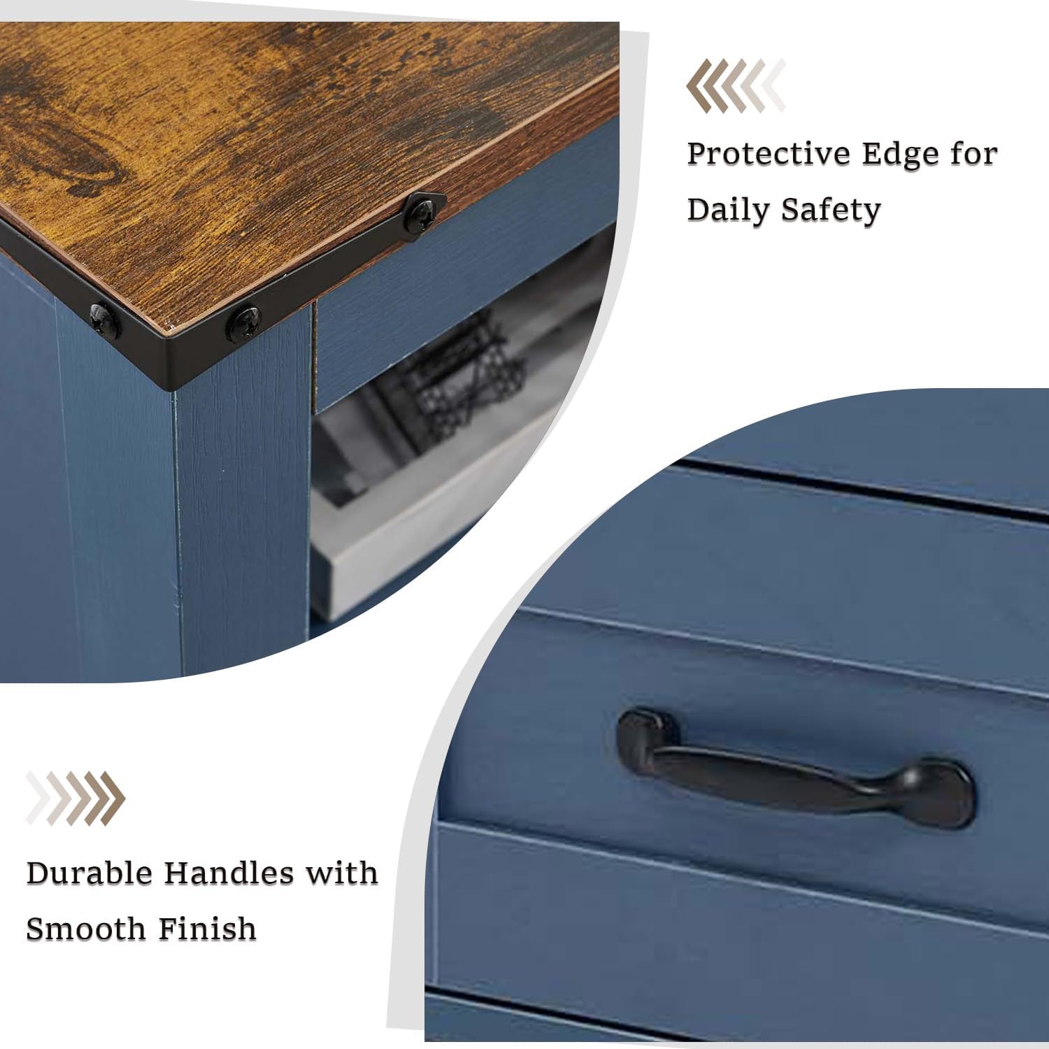 Farmhouse Nightstand with 2 Drawers Storage, End Table with Open Shelf, Bedside Table for Bedroom Without Charging Station, Blue