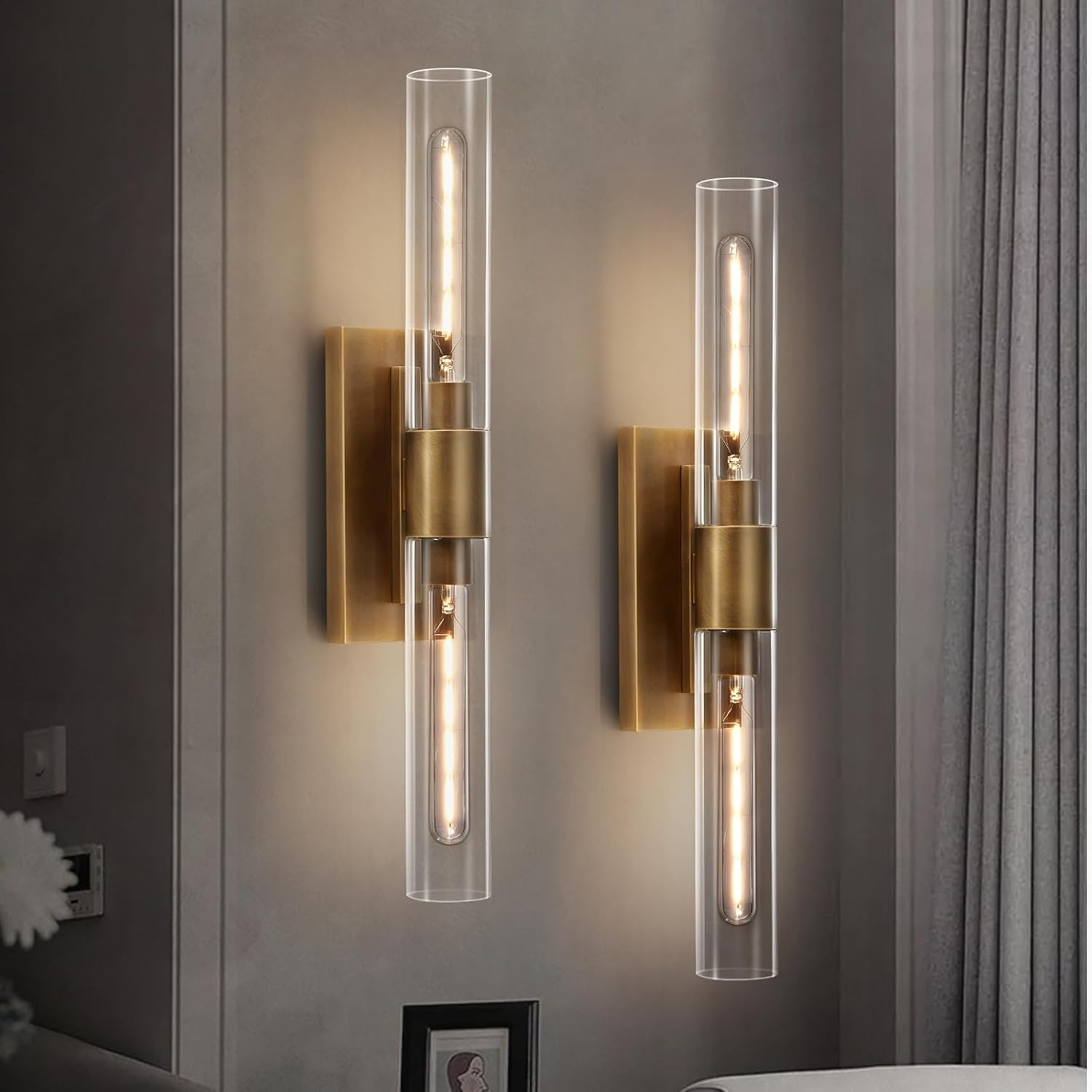 24.8' L Minimalist Style Wall Sconces Set of 2, Brass Wall Lights Fixtures Morden Cylinder Wall Light for Bathroom Vanity Light Indoor Wall Mounted Lamps for Living Room,Bedroom,Hallway
