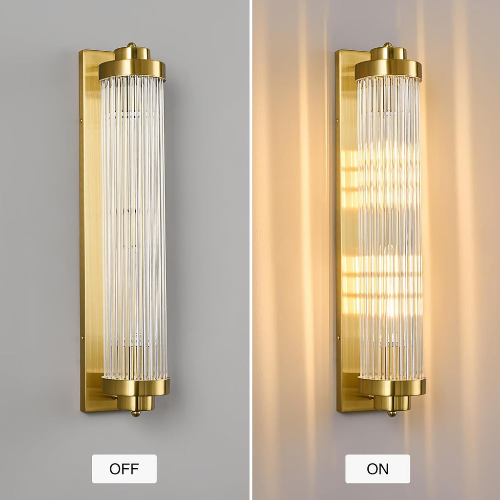 Gold Wall Sconces Set of Two with Crystal Glass Strip Bathroom Sconces 2 Light E12 Base Modern Wall Lights for Bedroom Living Room Hallway Wall Light Fixtures