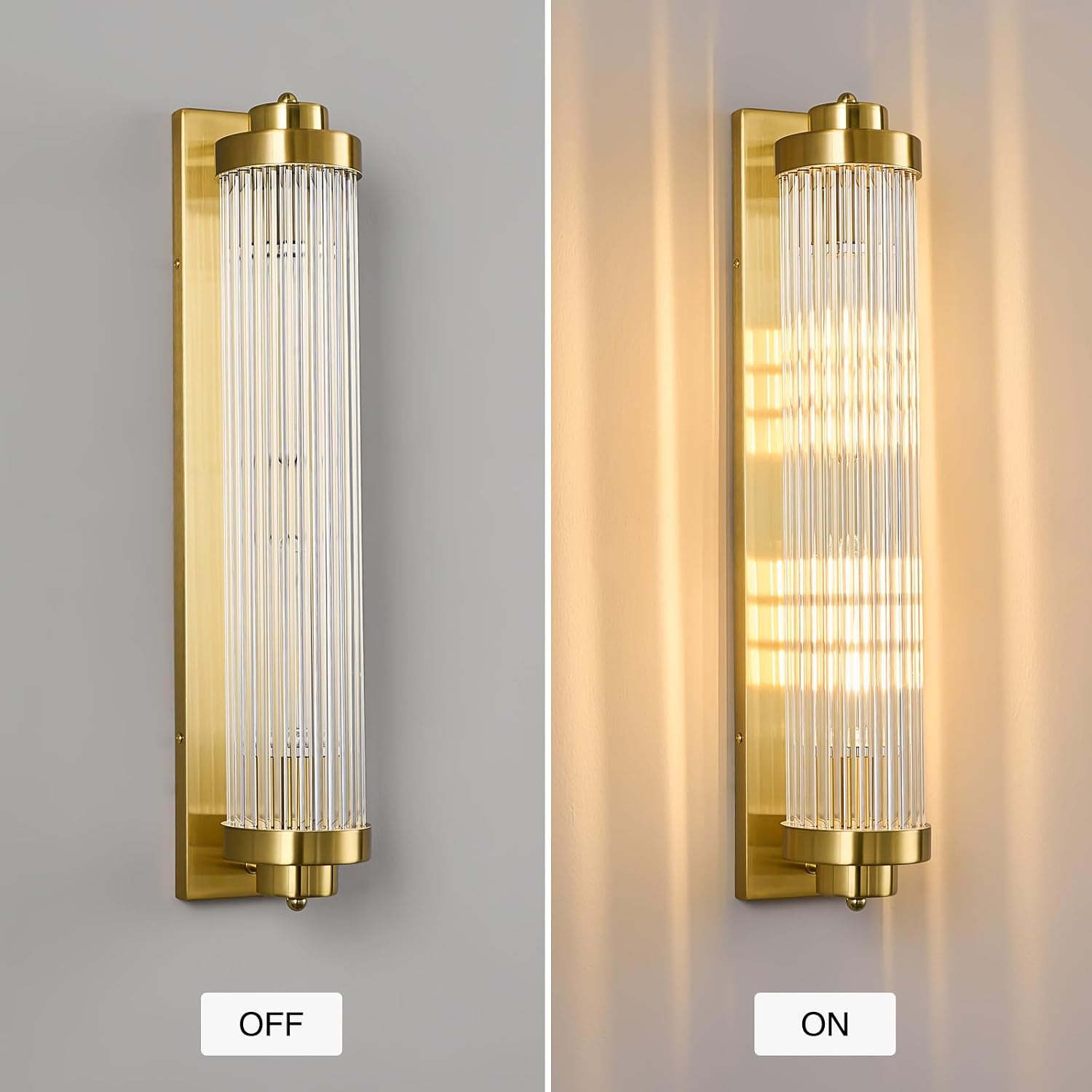 Gold Wall Sconces Set of Two with Crystal Glass Strip Bathroom Sconces 2 Light E12 Base Modern Wall Lights for Bedroom Living Room Hallway Wall Light Fixtures