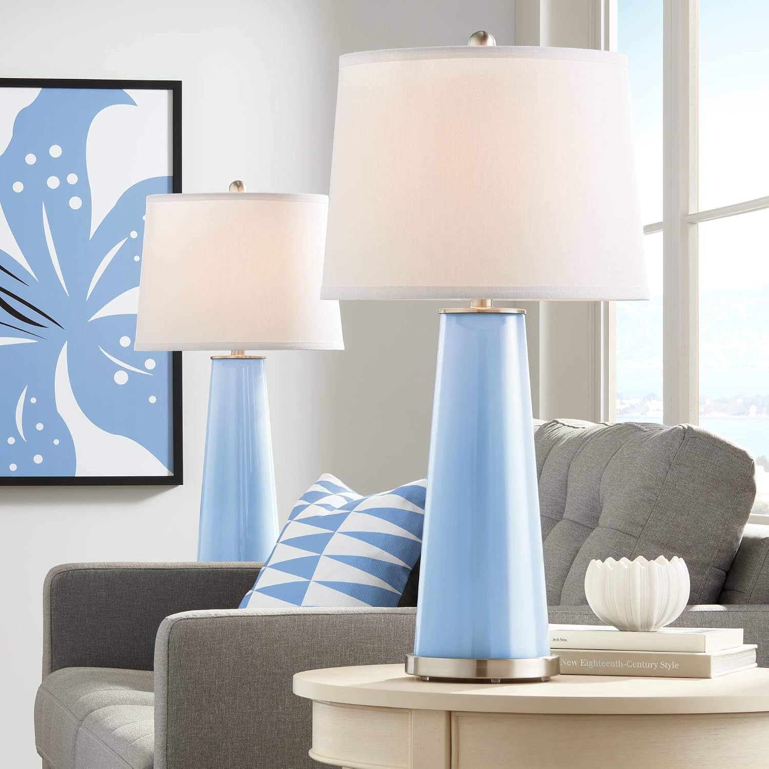 Color + Plus Leo Modern Table Lamps 29 1/2' Tall Set of 2 Placid Blue Glass Tapered Column Plain White Drum Shade Decor for Bedroom Living Room House Home Bedside Nightstand Office Family