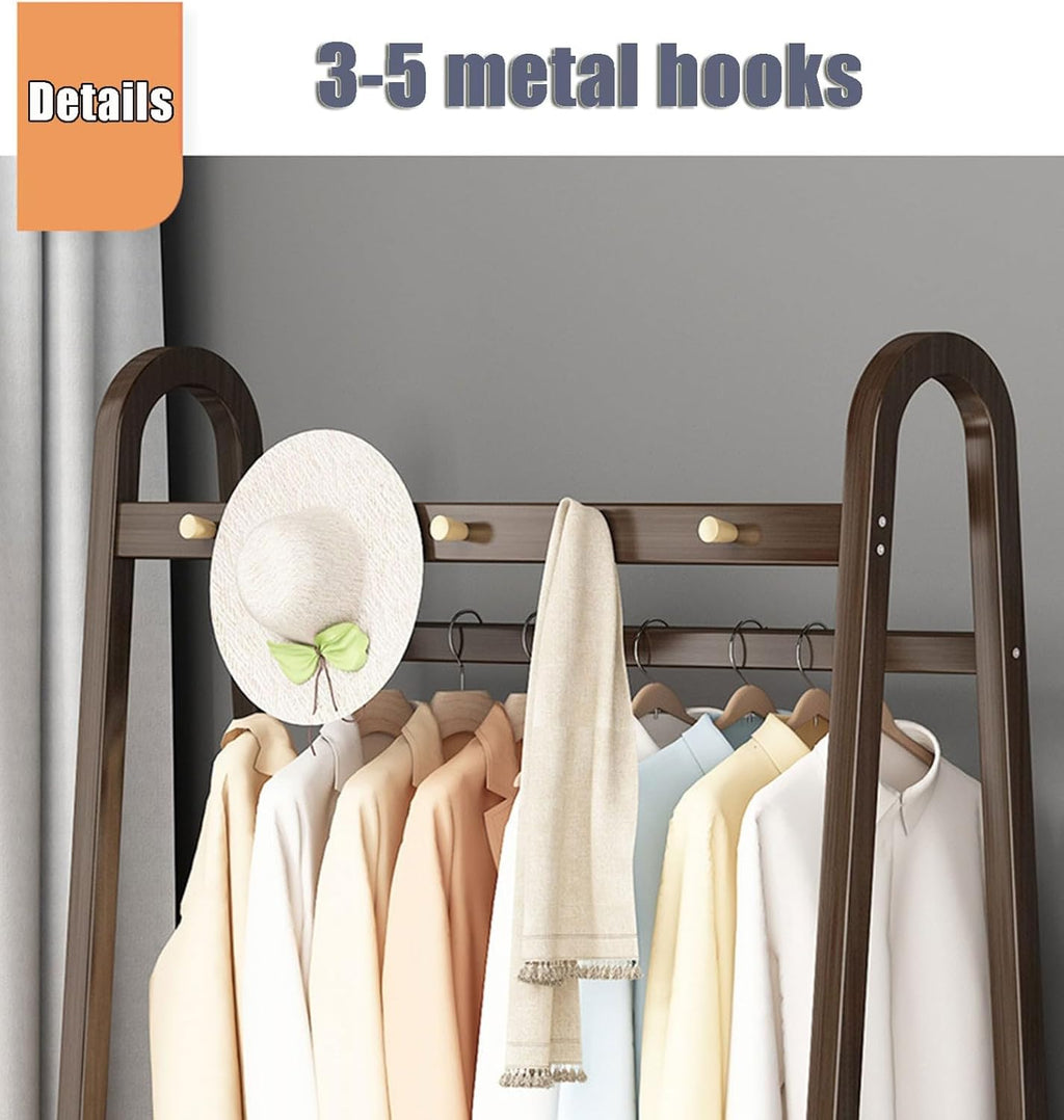 Multifunctional Bamboo Clothes Rack on Wheels Movable Garment Hanging Rail with 3 5 Hooks & Shoe Storage Shelf Stylish Bedroom & Living Room nizer (Walnut 50CM)