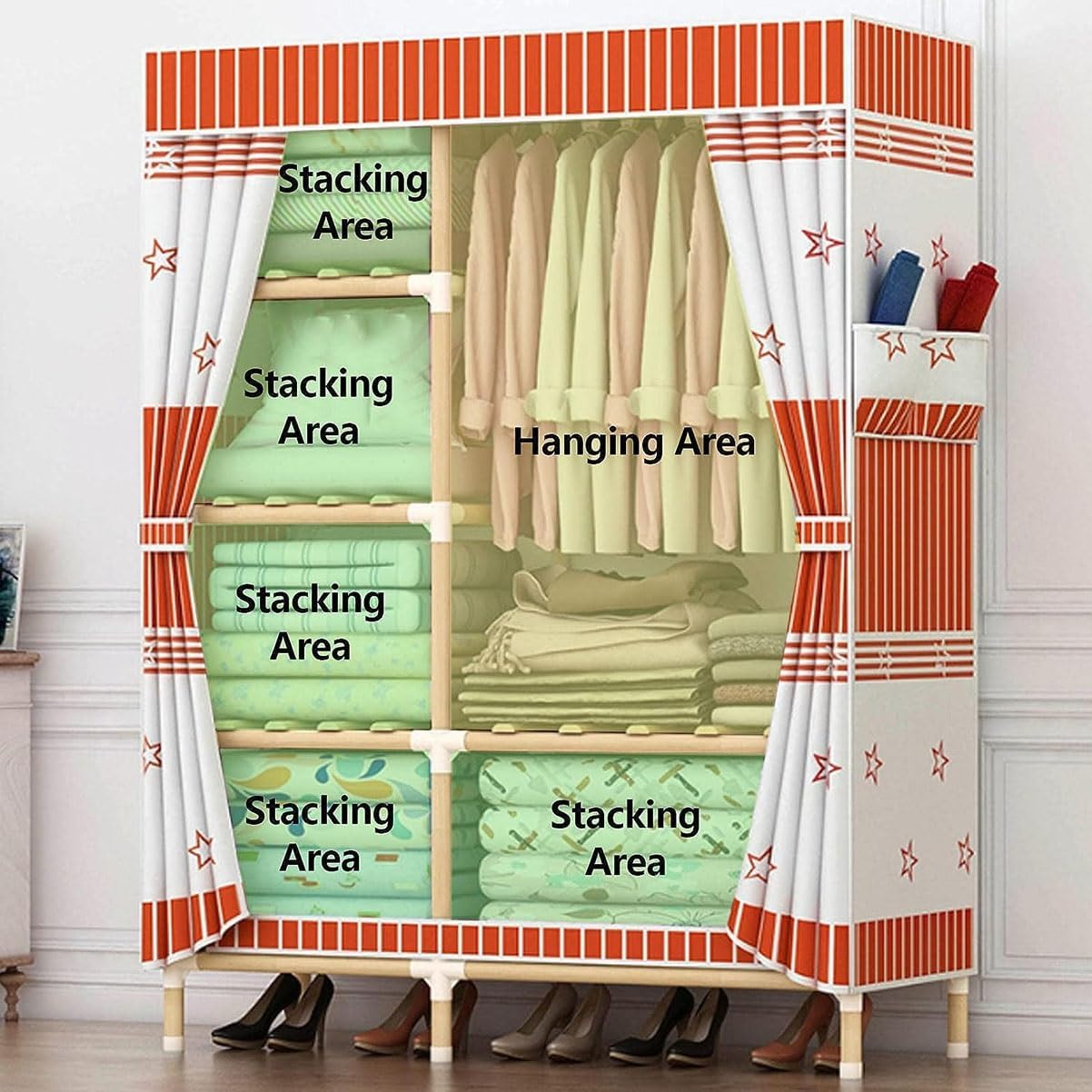 Bamboo Garment Rack With 6 Storage Shelves And Rod For Hanging Clothes Freestanding Wardrobe Closet For Bedroom And Living Room (Color : Blue, Size : 100x45x170cm)