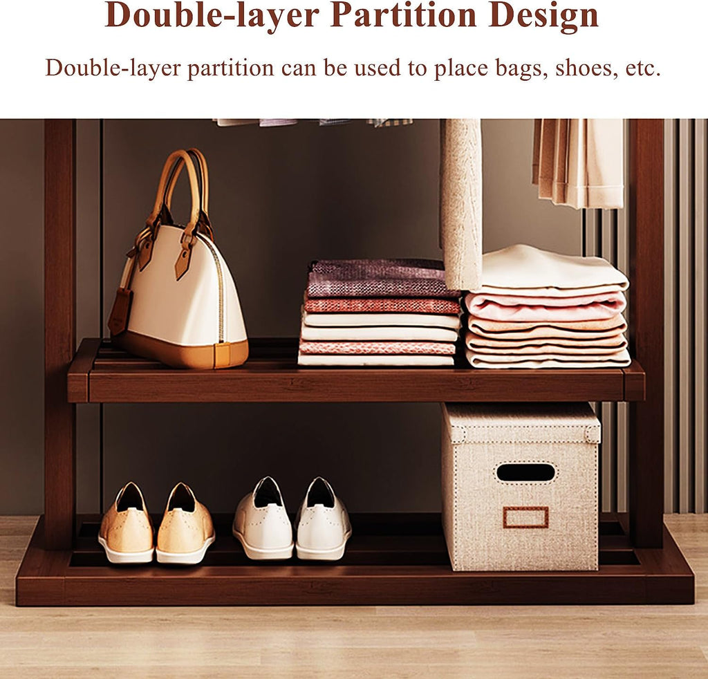 Large Solid Wood Clothes Rack, Garment Rack for Hanging Clothes, Bamboo Clothing Rack with Storage Shelf & Wheels, Portable Clothes Rack Coat Rack for Entryway and Bedroom,Brown,65cm