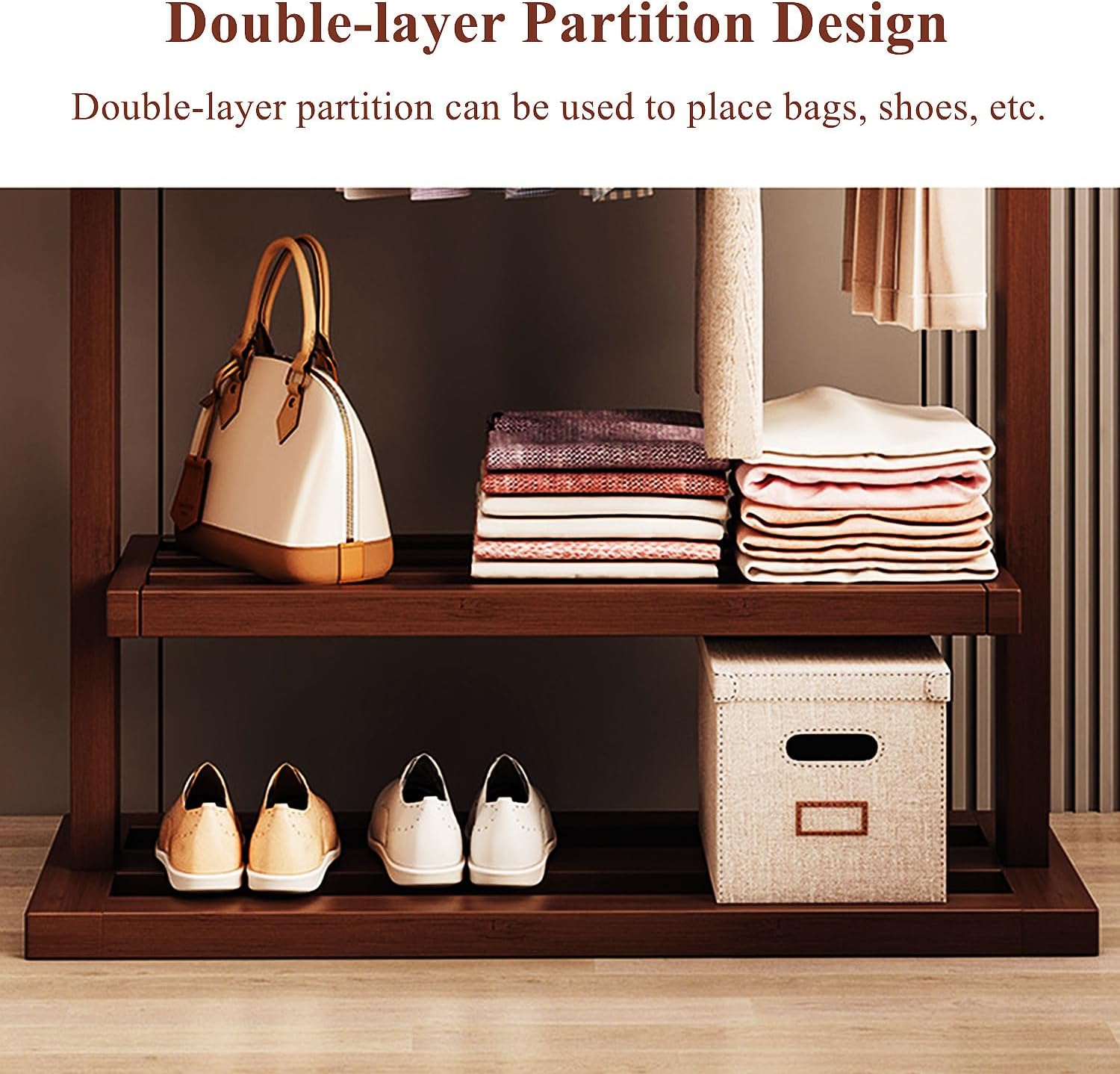 Large Solid Wood Clothes Rack, Garment Rack for Hanging Clothes, Bamboo Clothing Rack with Storage Shelf & Wheels, Portable Clothes Rack Coat Rack for Entryway and Bedroom,Brown,65cm